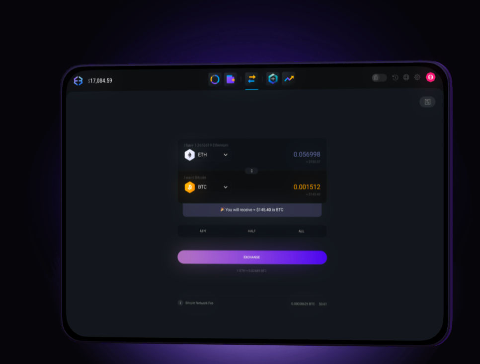 Exodus 钱包内资产兑换功能界面