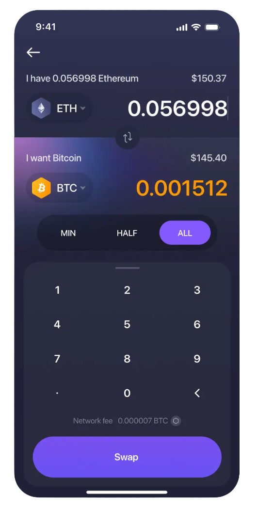 Exodus Mobile 移动端资产兑换界面